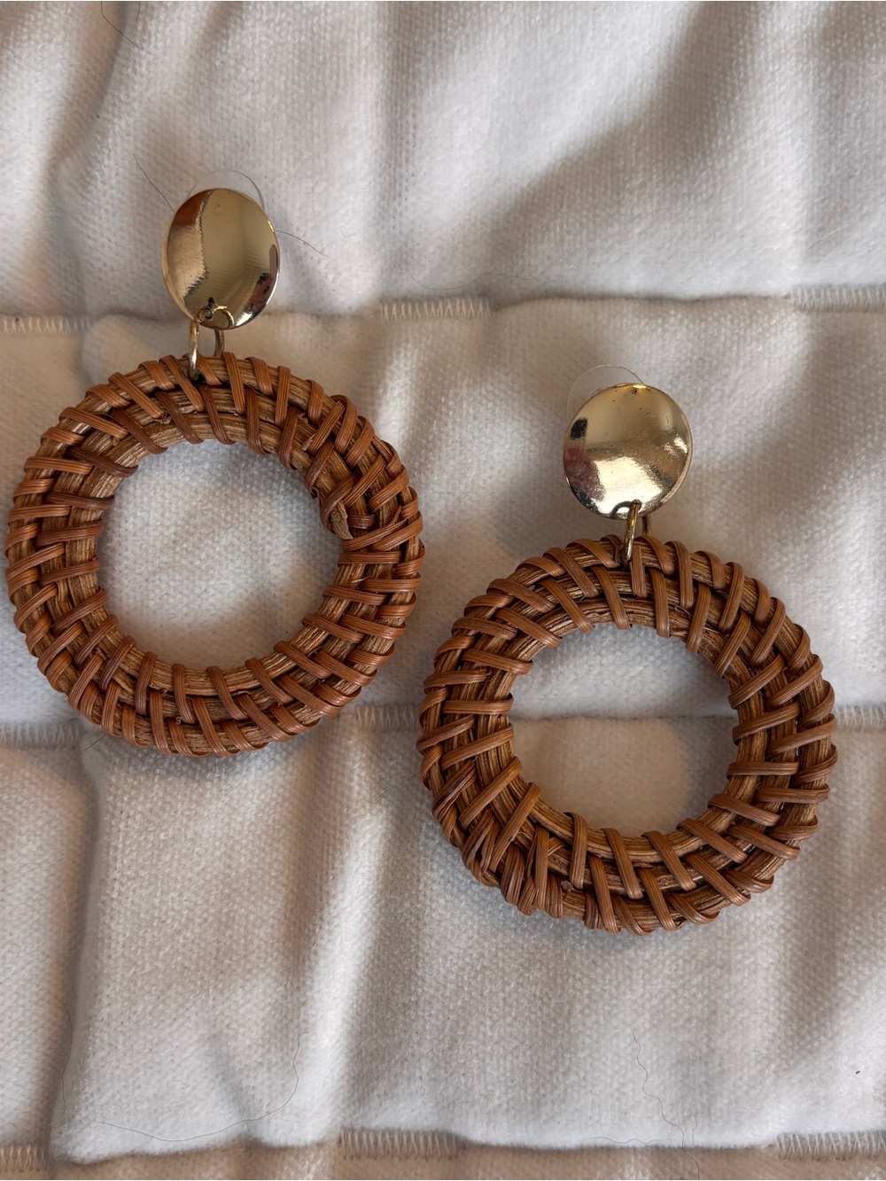 Woven Rattan Hoop Drop Earrings - Brown